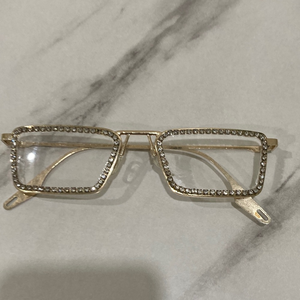 Gold Rhinestone Rectangle Frame Fashion Glasses - Picture 2 of 16
